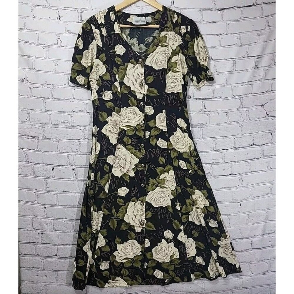 Vtg 90's Caroline‎ Wells Women's Midi Floral Dress Sz 10 100% Rayon Button Front